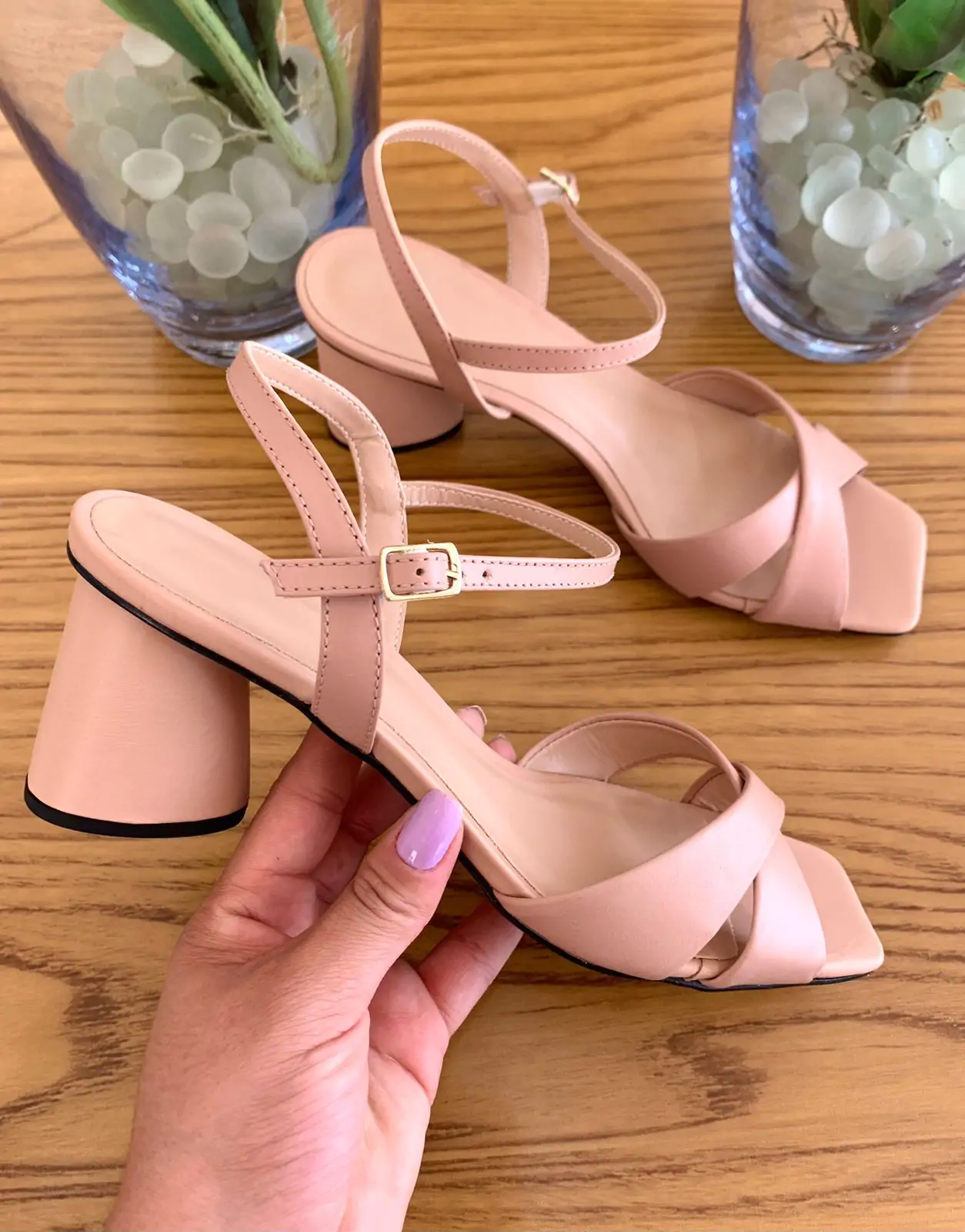 Sandália Couro Legítimo Salto Arredondado Rosa